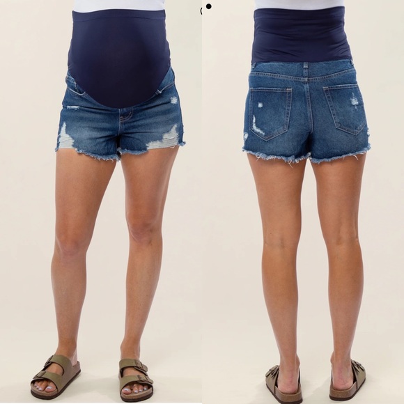 Pinkblush Dark Wash Distressed Raw Hem Maternity Full Panel Shorts - Picture 2 of 8